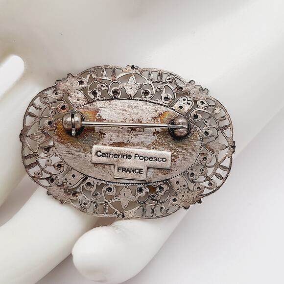 Vintage Catherine Popesco Art Deco Black Enamel AB Rhinestones Brooch - Picture 4 of 9